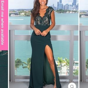 Hunter green lace top dress with slit